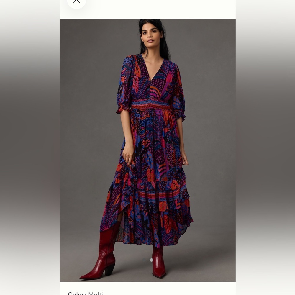 NWT FARM Rio Short Sleeved V-Neck Tiered Ruffled Midi Dress Women’s XS